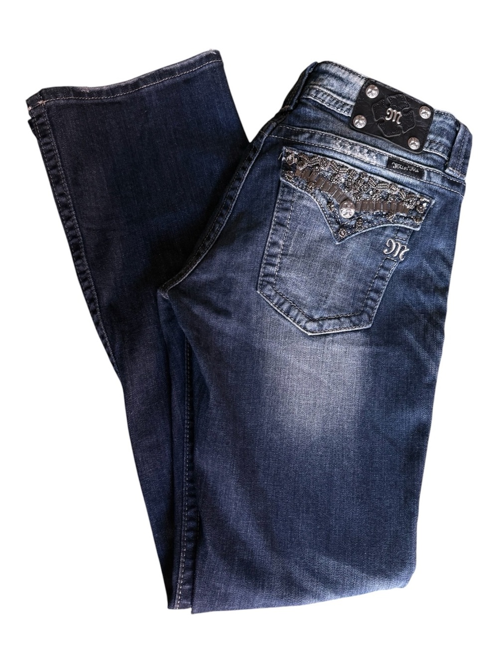 Miss Me Dark Blue Bootcut Jeans with Embellished Back Pockets